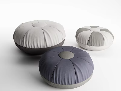 Three Round Fabric Poufs In Light Gray Dark Gray And White With Pleated Design 3d model