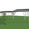 Modern Pergola Design with Black Roof and White Pillars on Green Lawn and Small Trees