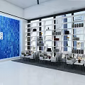 Modern Exhibition Hall Interior With Blue Pillars And Geometric Ceiling Design 3d model