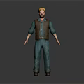 3D Character Wearing Yellow Hat Brown Vest And Blue Striped Outfit With Brown Shoes