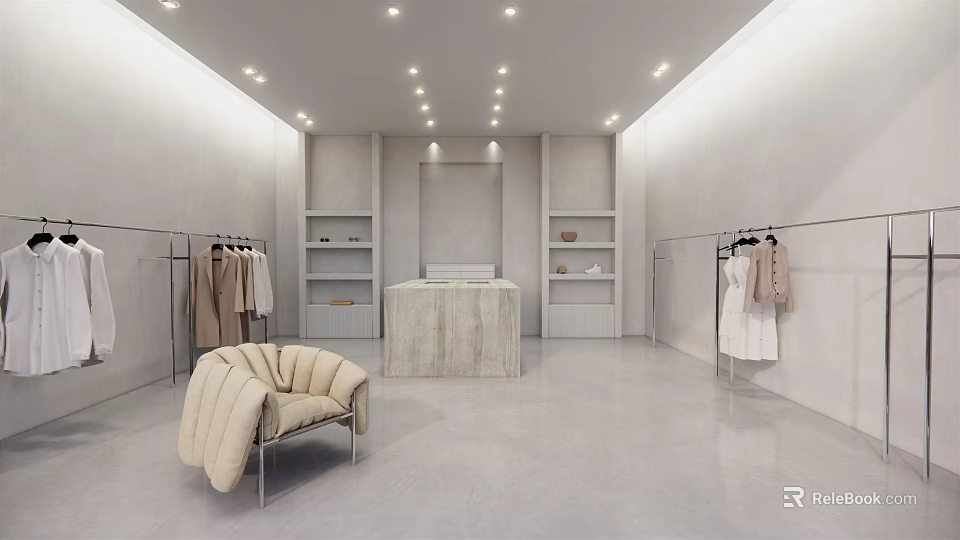 Bright Modern Clothing Store Interior With Clothing Racks Shelves And Cashier Counter 3d model 