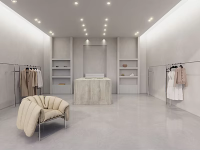 Bright Modern Clothing Store Interior With Clothing Racks Shelves And Cashier Counter 3d model