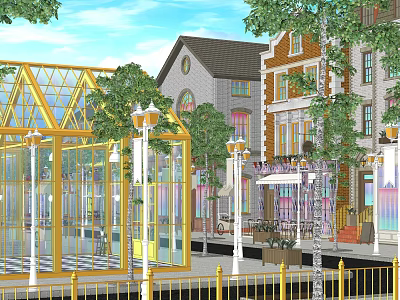 Modern Commercial Street Featuring Glass Structure Street Lamps Trees And Colorful Storefronts 3d model