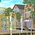 Modern Commercial Street Featuring Glass Structure Street Lamps Trees And Colorful Storefronts