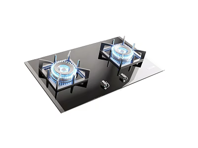 Modern Gas Stove Cooktop With Two Burners Black Glass Surface And Control Knobs 3d model