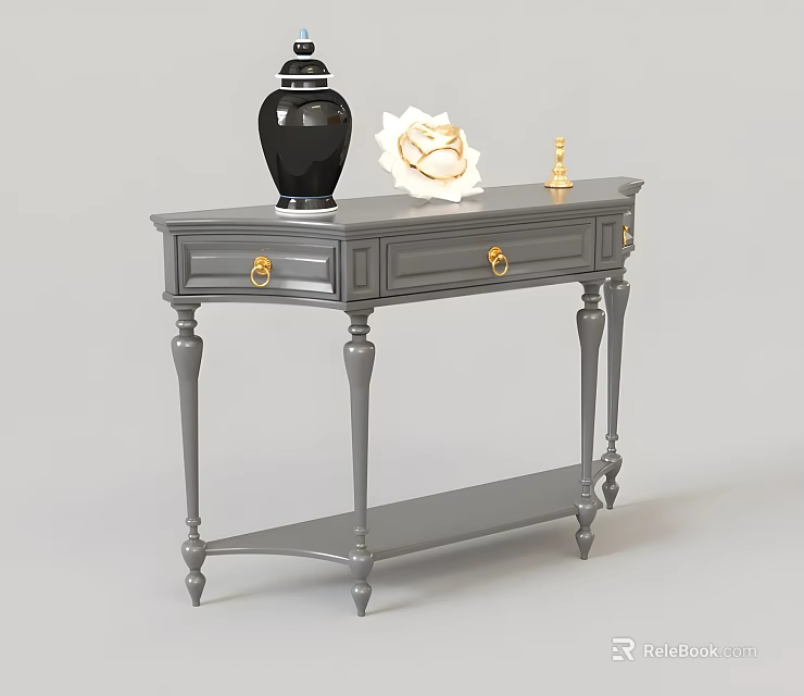 Gray Console Table With Black Vase White Shell And Gold Statue Decoration 3d model 