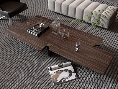 Modern Wooden Coffee Table With Magazines Glass Cups And Sofa In Living Room 3d model
