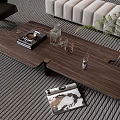 Modern Wooden Coffee Table With Magazines Glass Cups And Sofa In Living Room