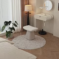 White Padded Stool on Round Rug with Monstera Plant Floor Lamp and Dressing Table