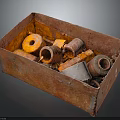 Assorted Hardware Tools in Rusty Metal Box with Pipes Rings and Components 3d model
