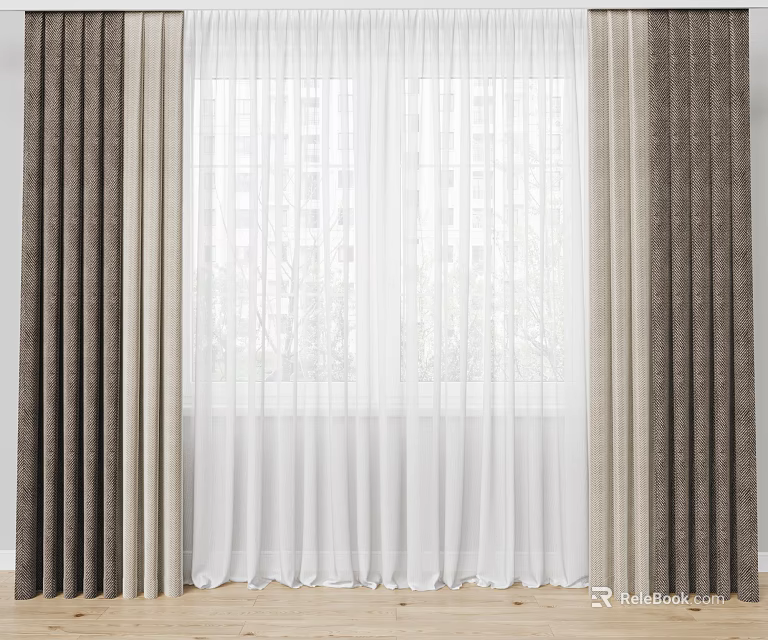 Layered Dark Curtains With White Sheer Fabric For Window Interior Decoration 3d model 
