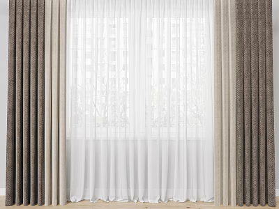 Layered Dark Curtains With White Sheer Fabric For Window Interior Decoration 3d model