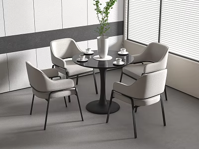 Modern Round Black Table With Light Gray Chairs Green Plant And White Cups 3d model