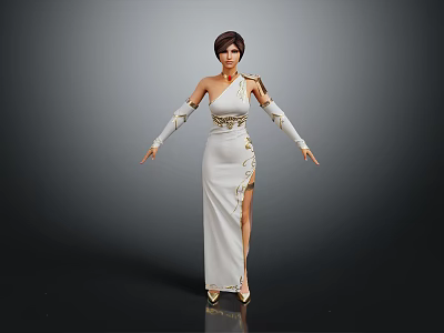 Woman Wearing White One Shoulder Long Dress With Golden Details And Long Sleeves 3d model