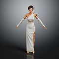 Woman Wearing White One Shoulder Long Dress With Golden Details And Long Sleeves