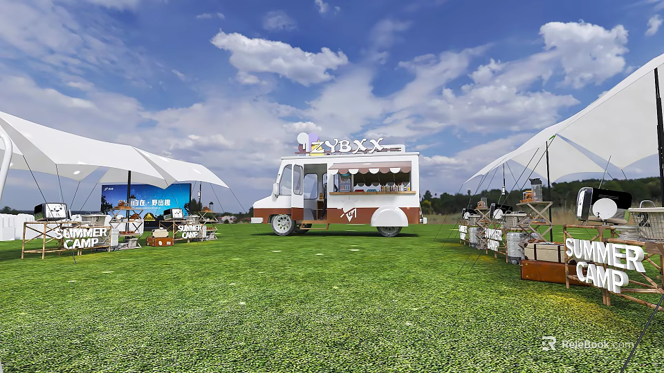 Garden Landscape With Green Lawn Ice Cream Truck White Tents And Outdoor Seating 3d model 