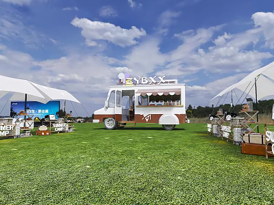 Garden Landscape With Green Lawn Ice Cream Truck White Tents And Outdoor Seating 3d model