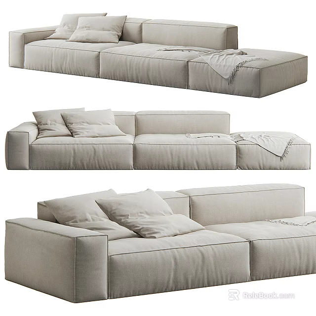 Modern Beige Fabric Sectional Sofa With Soft Cushions And Throw Blanket 3d model 