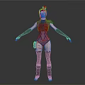 Red Haired Masked Female Game Movie Character With Blue Bodysuit Black Gloves And Waist Device