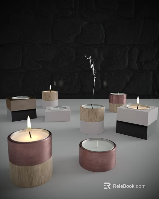 Elegant Copper Wooden White Candle Lamps With Lit Candles Square Cylindrical Shapes 3d model 