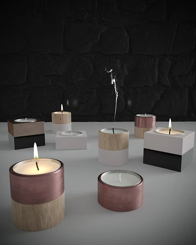 Elegant Copper Wooden White Candle Lamps With Lit Candles Square Cylindrical Shapes 3d model