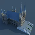 European Architecture With Twin Blue Spires Arched Windows Clocks And Dome Against Blue Sky