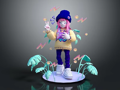 Stylish Pink Haired Character In Blue Beanie With Green Leaf Plants Bubbles And Peace Sign 3d model
