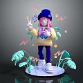 Stylish Pink Haired Character In Blue Beanie With Green Leaf Plants Bubbles And Peace Sign