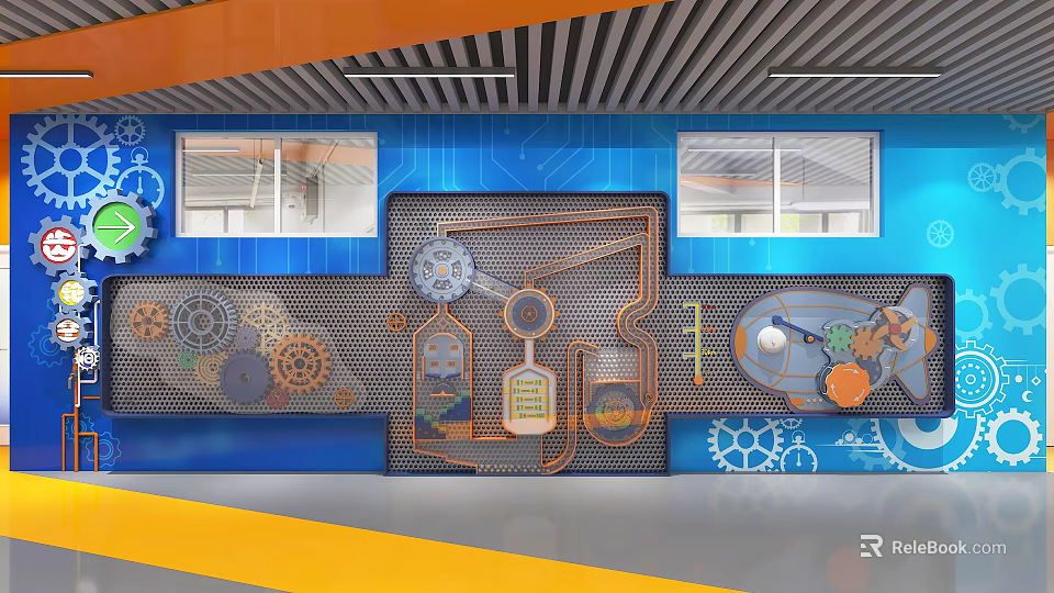 Cartoon Style Mechanical Scene With Orange Blue Ceiling Blue Wall Gears Pipes And Windows 3d model 