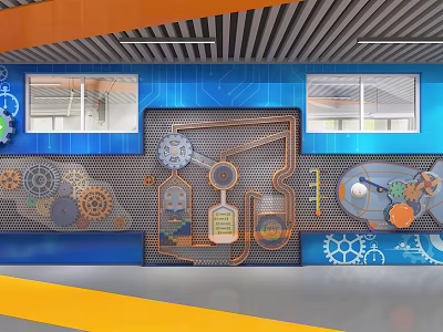 Cartoon Style Mechanical Scene With Orange Blue Ceiling Blue Wall Gears Pipes And Windows 3d model