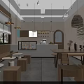 Cozy Dessert Shop Interior With Wooden Benches Round Tables And Copper Pendant Lights