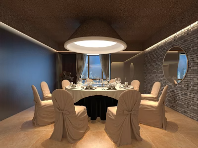 Private Dining Room Interior Featuring Round Table Covered Chairs Ceiling Lamp City View Brick Wall And Mirror 3d model