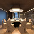 Private Dining Room Interior Featuring Round Table Covered Chairs Ceiling Lamp City View Brick Wall And Mirror