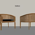 Modern Rattan Single Chair with Curved Backrest Gray Cushion and Wooden Legs