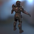 Game Movie Character in Red Black Camouflage Armor with Blue Accents Helmet and Visor