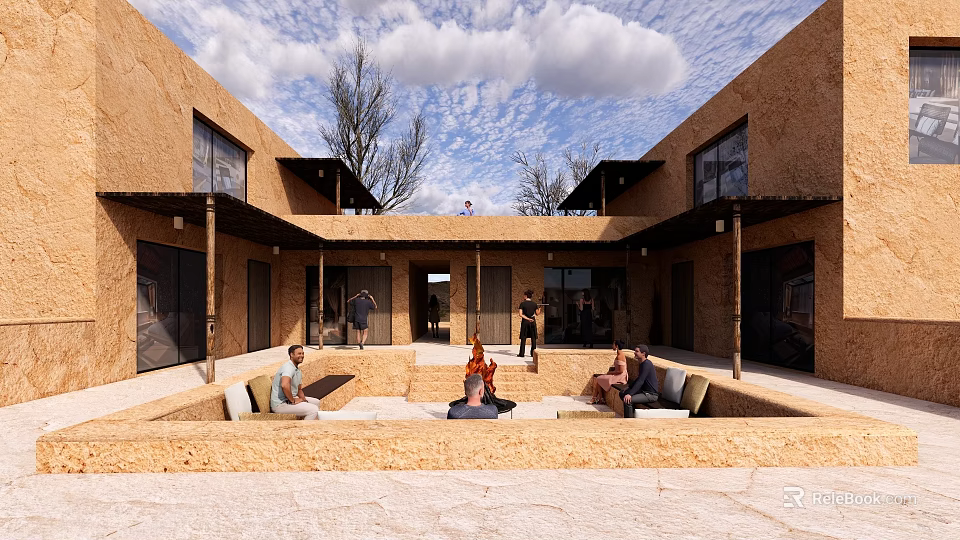 Earthen Courtyard Architecture With Open Space Fire Pit People Sitting And Trees 3d model 