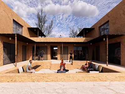 Earthen Courtyard Architecture With Open Space Fire Pit People Sitting And Trees 3d model