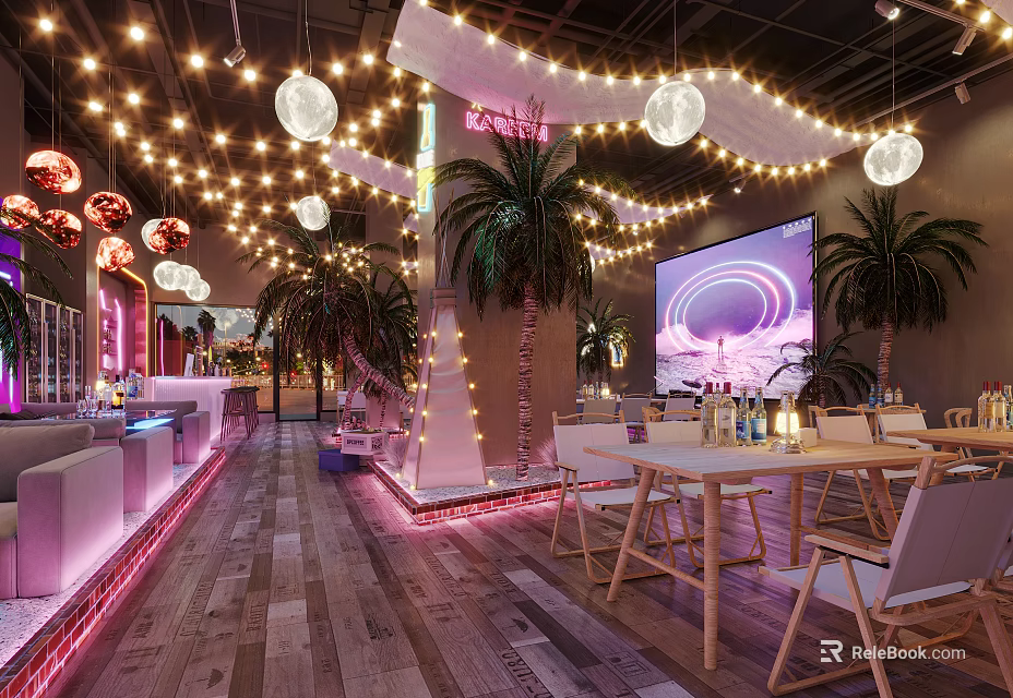 Modern Bar Interior With String Lights Palm Trees Large Screen And Cozy Seating Area 3d model