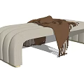 Stylish Beige Upholstered Footstool With Curved Design Brown Tassel Blanket