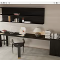 Modern Dark Wood Desk with Wall Shelf Table Lamp Books and Gold Leg Chair