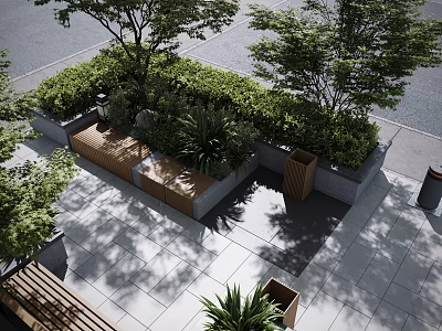 Outdoor Landscape Seat In Park With Wooden Structure Green Plants And Stone Pavement 3d model