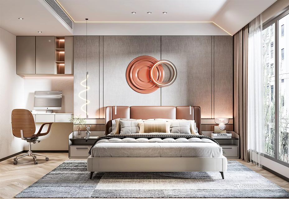 Modern Elegant Bedroom Interior With Circular Wall Art Bed Nightstands And Desk 3d model 
