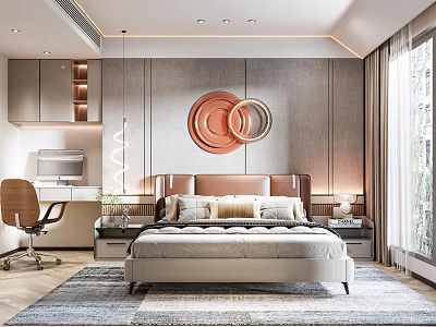 Modern Elegant Bedroom Interior With Circular Wall Art Bed Nightstands And Desk 3d model