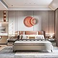 Modern Elegant Bedroom Interior With Circular Wall Art Bed Nightstands And Desk