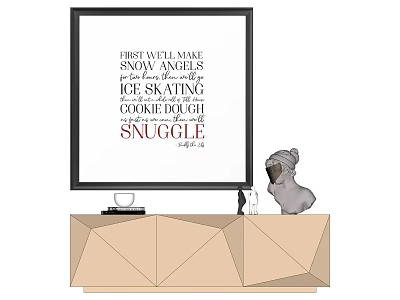 Framed Art With Transportation Ice Skating Cookie Dough Snuggle Text Dog Figurine On Geometric Cabinet 3d model