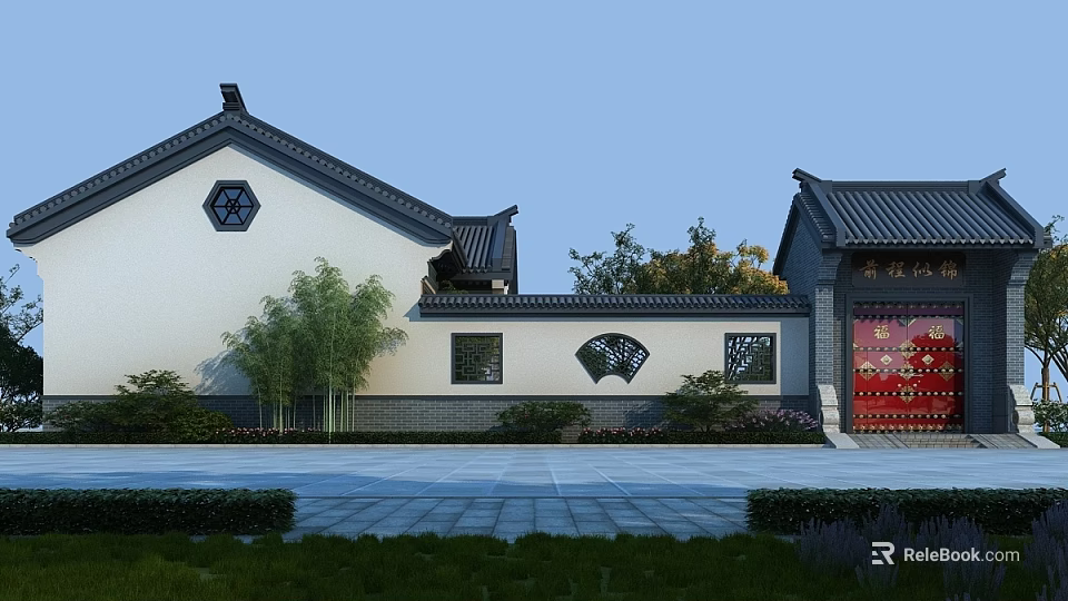 Traditional Chinese Detached Villa with Black Roof White Walls Hexagonal Fan Windows Red Door Greenery 3d model 