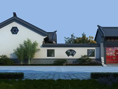 Traditional Chinese Detached Villa with Black Roof White Walls Hexagonal Fan Windows Red Door Greenery 3d model