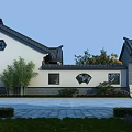 Traditional Chinese Detached Villa with Black Roof White Walls Hexagonal Fan Windows Red Door Greenery