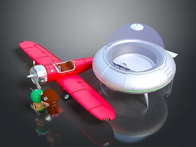 Red Toy Airplane And Silver UFO Model With Miniature Figures On Dark Reflective Surface 3d model