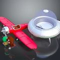 Red Toy Airplane And Silver UFO Model With Miniature Figures On Dark Reflective Surface